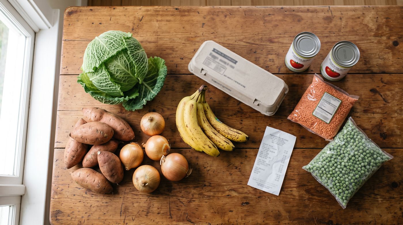 A September grocery haul on a kitchen counter: cabbage, sweet potatoes, canned tomatoes, dried lentils, bananas and a receipt