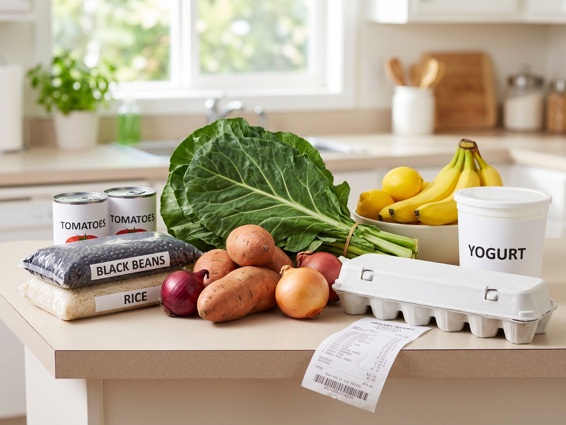 A weekly grocery haul laid out on a counter: beans, rice, seasonal produce, eggs and a receipt