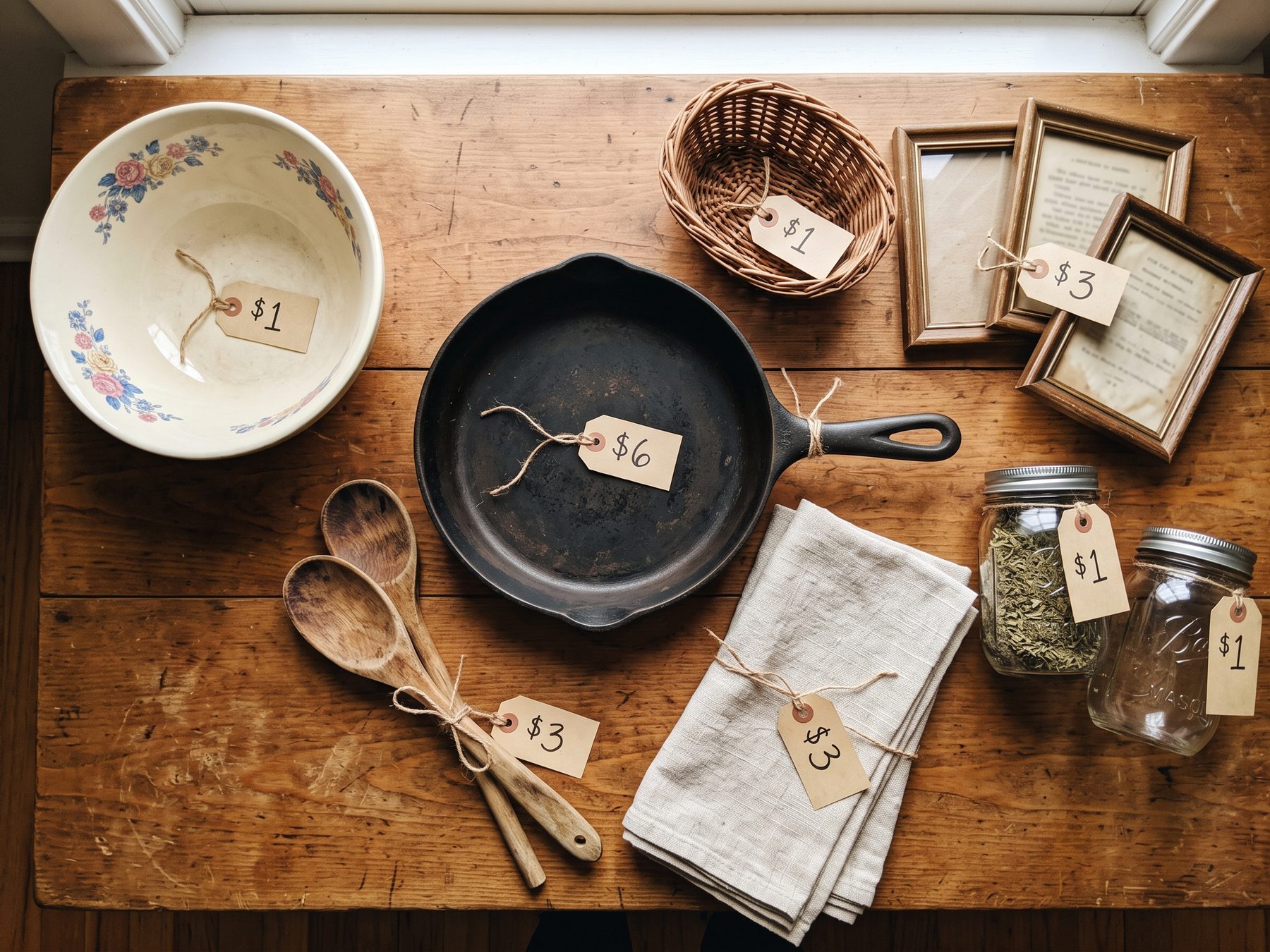 Flat lay of thrift store finds on a wooden table