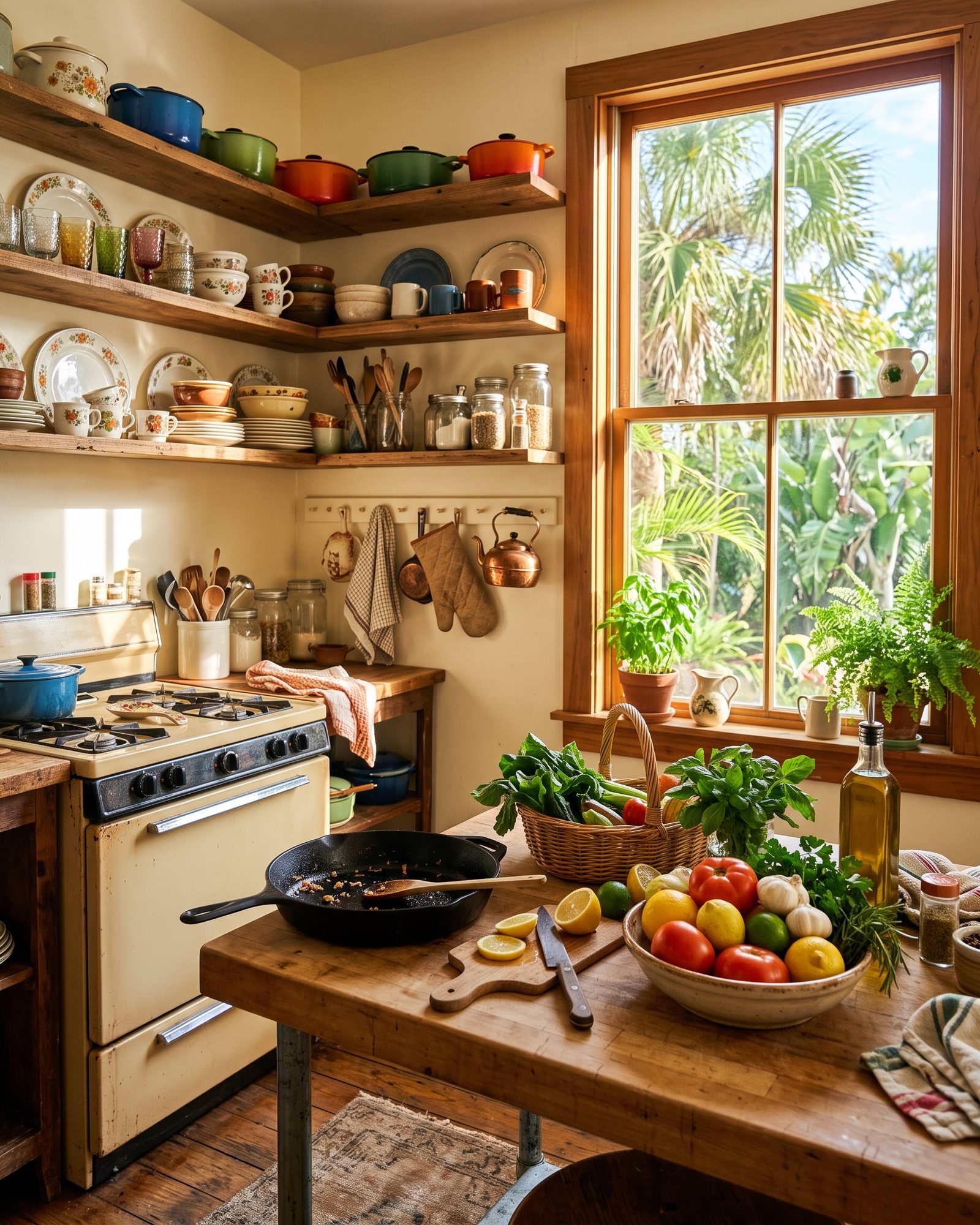 A sunlit kitchen full of thrifted treasures — enamel pots, mismatched vintage plates, and fresh vegetables on a wooden counter