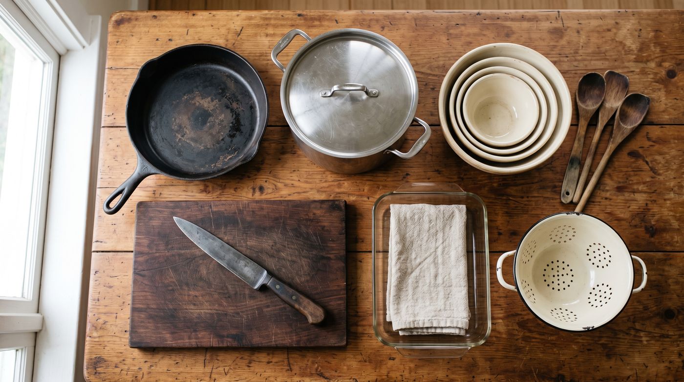 A flat lay of thrifted kitchen equipment: cast iron skillet, stockpot, wooden spoons, chef's knife, mixing bowls and a glass baking dish