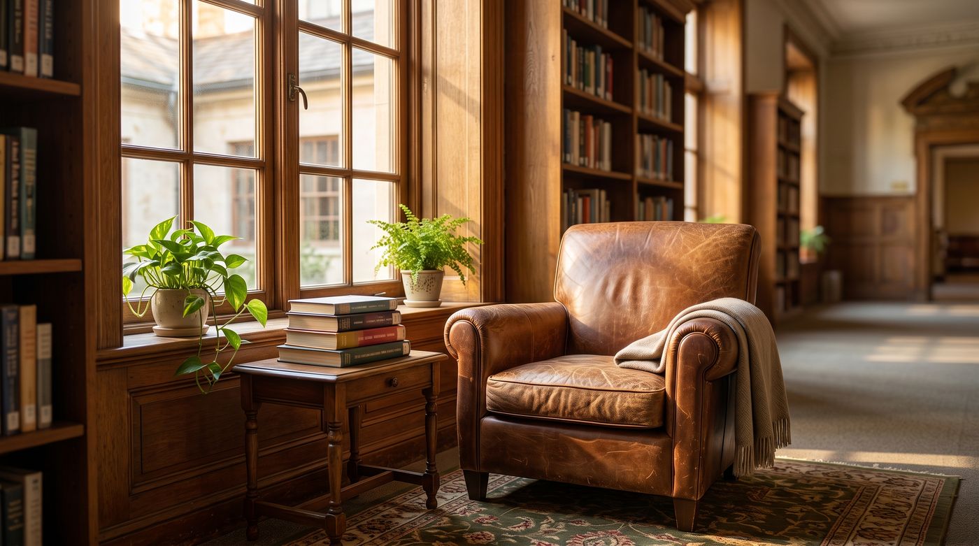 A cozy sunlit library reading corner with an armchair, a stack of books and a tall window