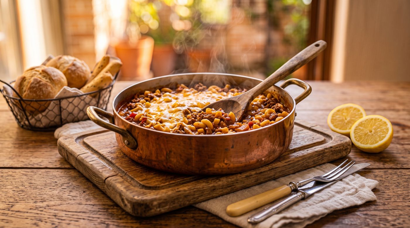 Pot of American goulash with elbow macaroni and ground beef in tomato sauce, wooden spoon resting in it