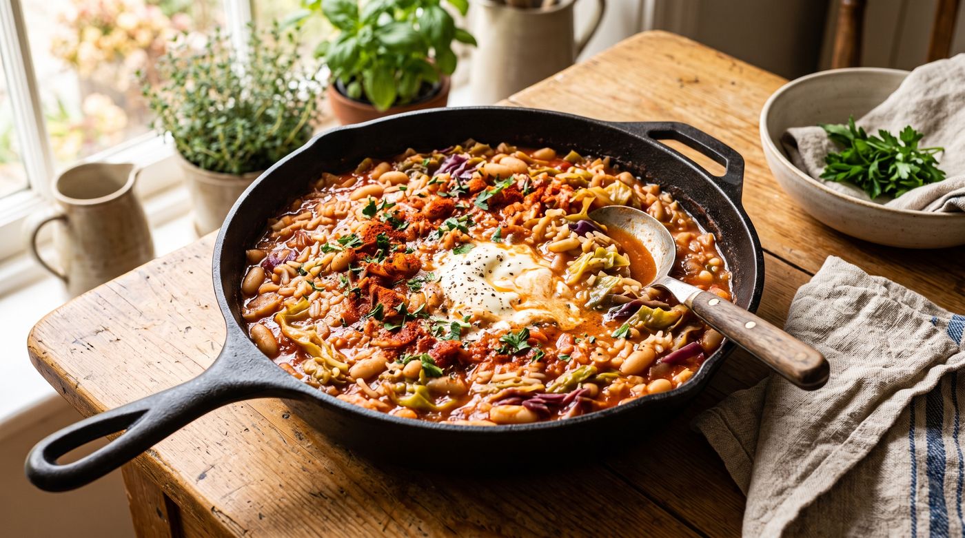 Cast-iron skillet of tomato-braised cabbage, white beans and rice dusted with smoked paprika