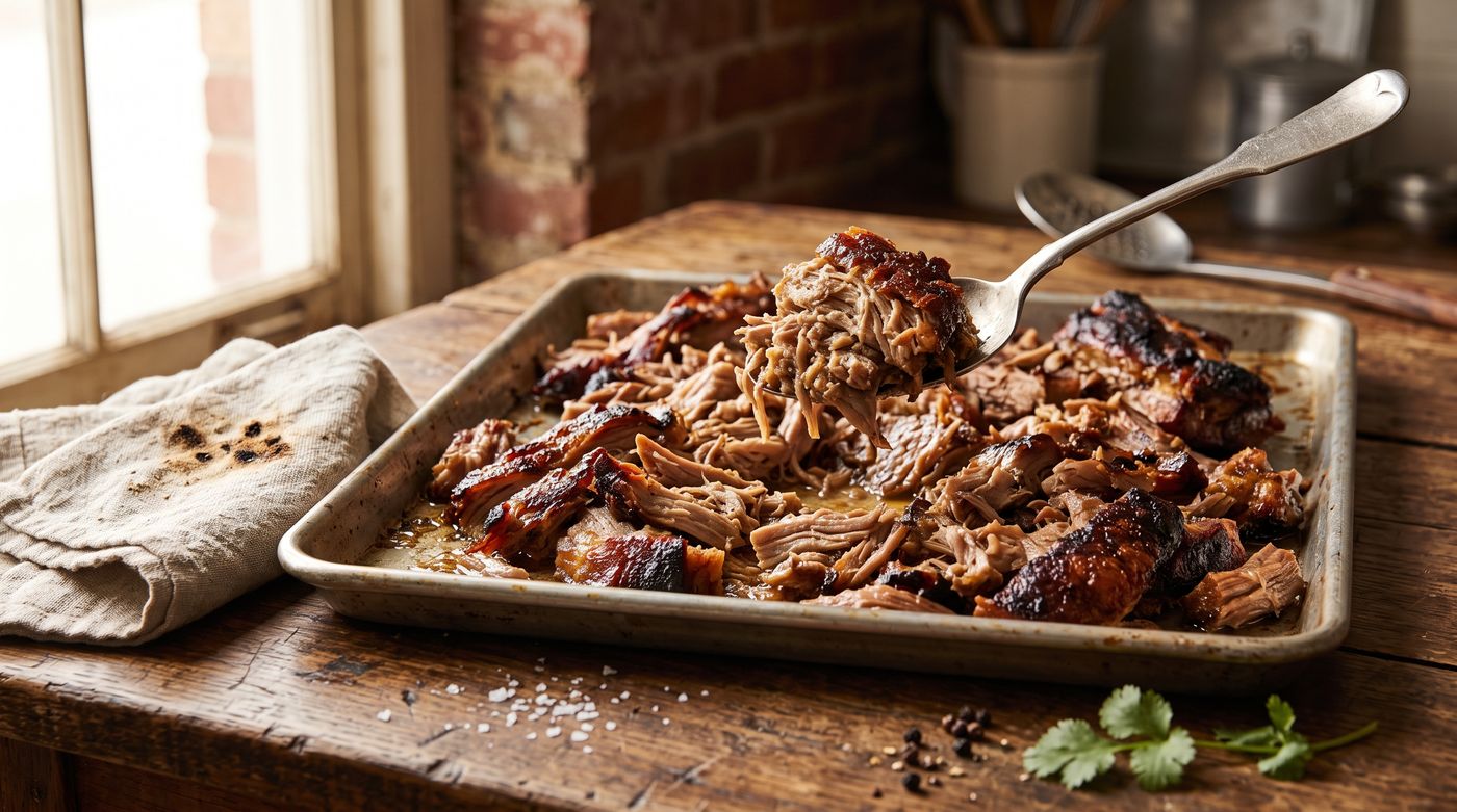 Shredded carnitas crisped under the broiler on a sheet pan