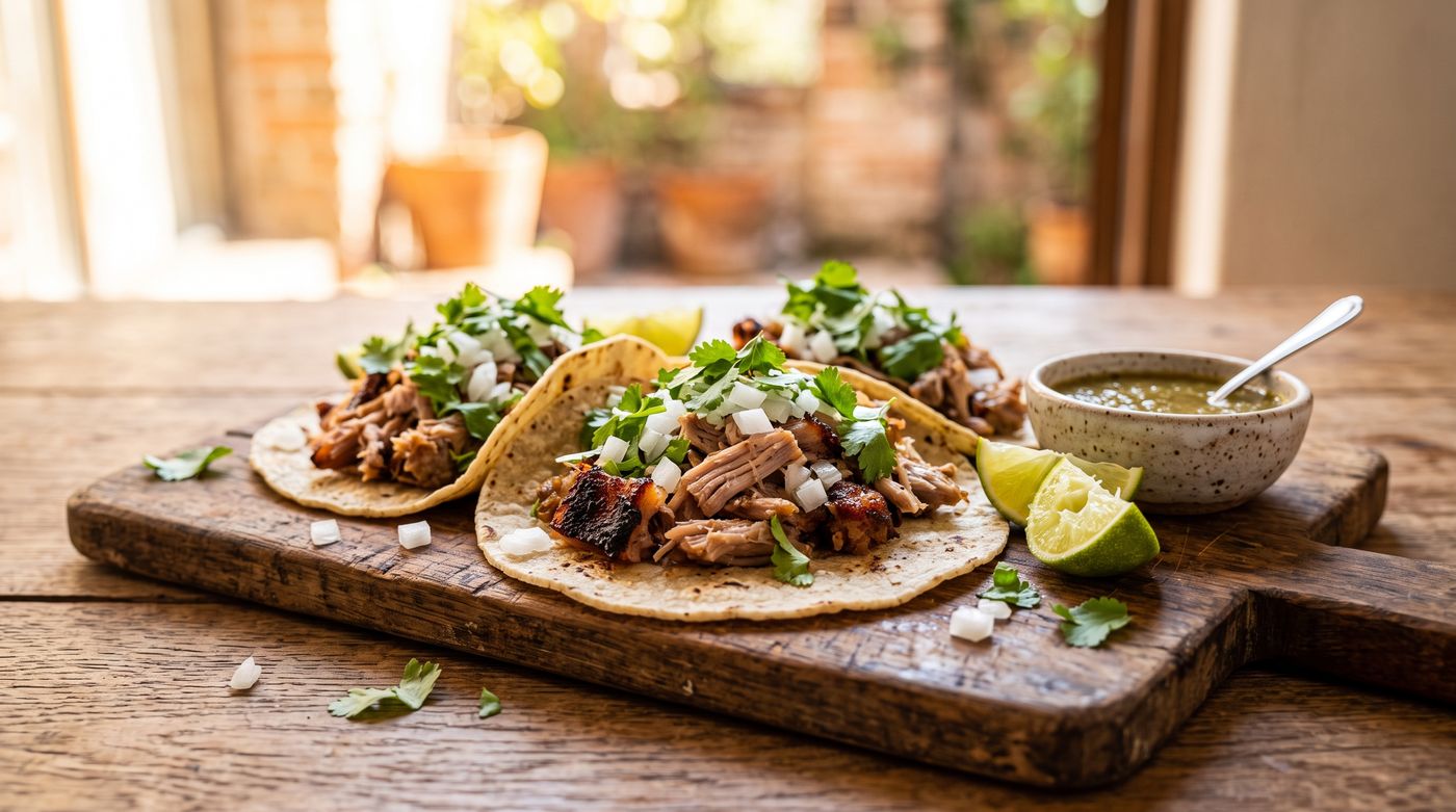 Crispy-edged shredded pork carnitas tacos on corn tortillas with onion, cilantro and lime wedges