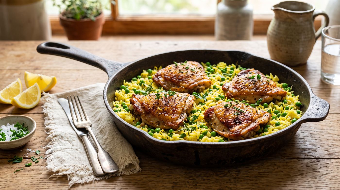 Crispy golden chicken thighs over lemony yellow rice with peas in a cast-iron skillet