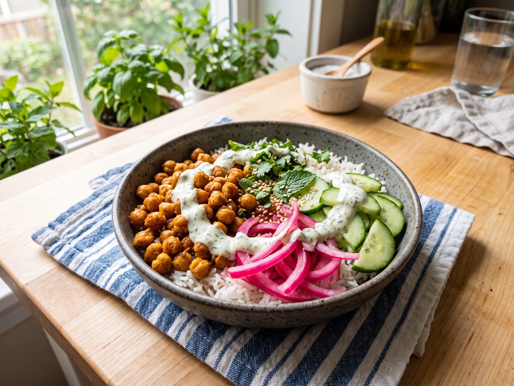 Crispy spiced chickpeas over rice with quick-pickled onions and yogurt sauce