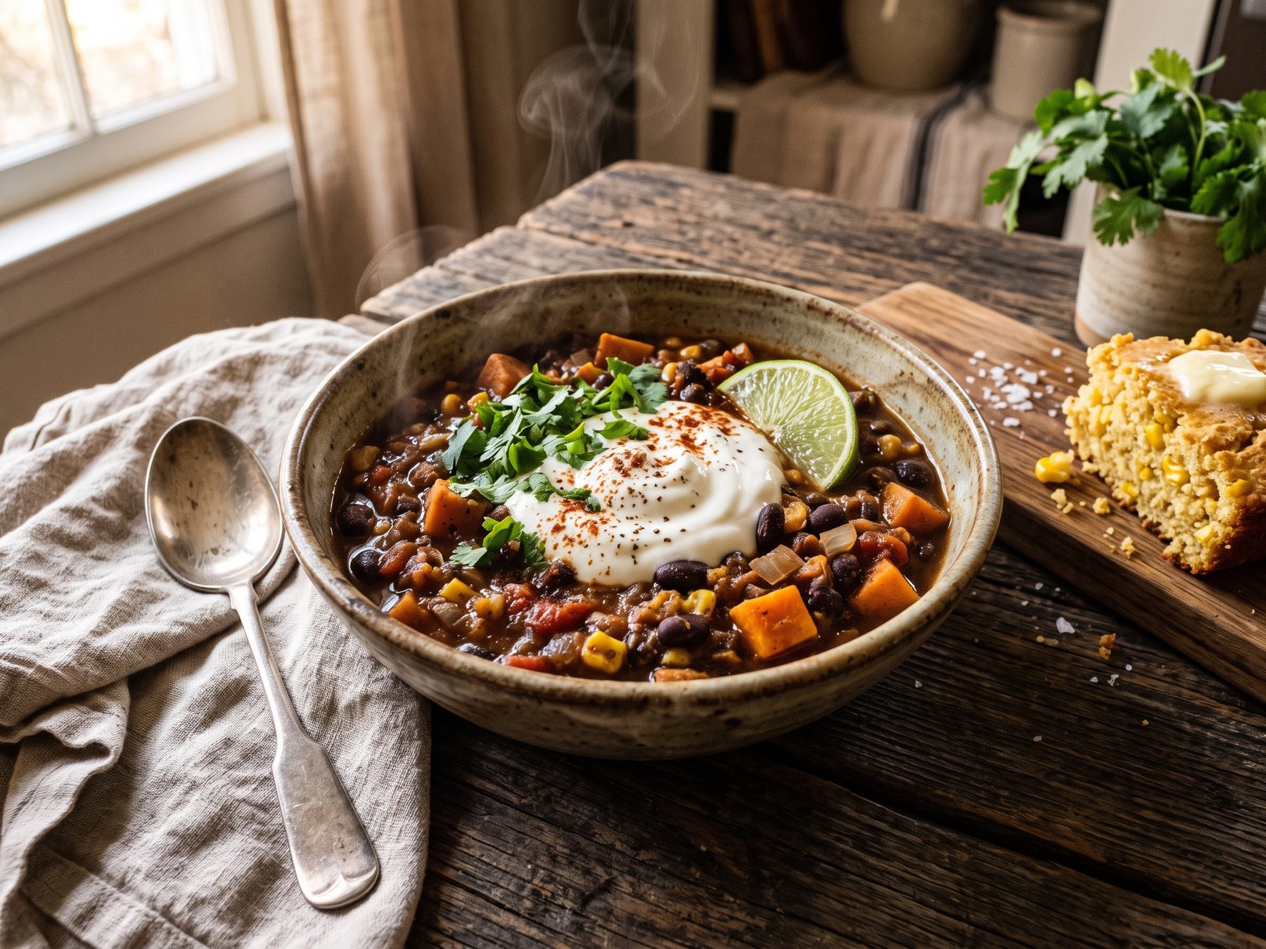 Bowl of black bean sweet potato chili with lime and cilantro