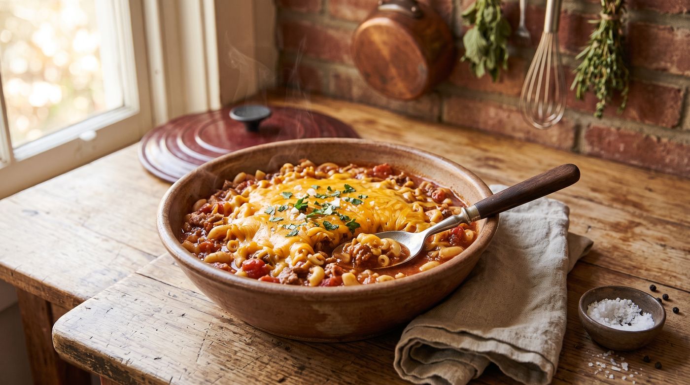 Bowl of American goulash topped with melted cheddar