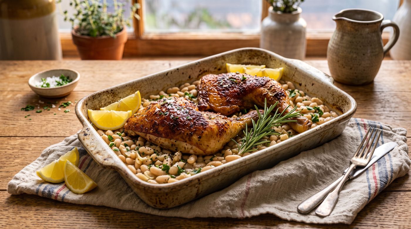 Bronzed roasted chicken leg quarters resting on creamy garlicky white beans in a baking dish