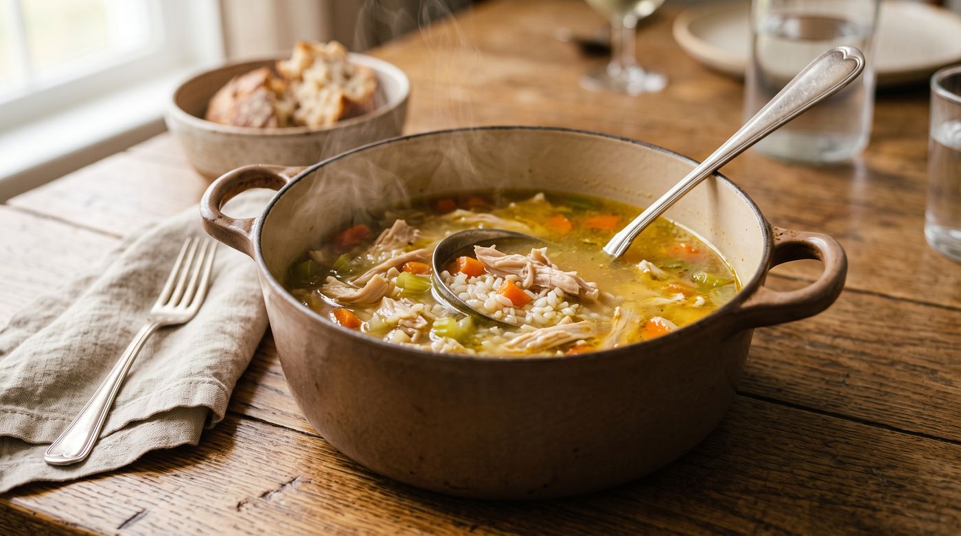 Pot of golden chicken soup with rice, made from the roast chicken carcass