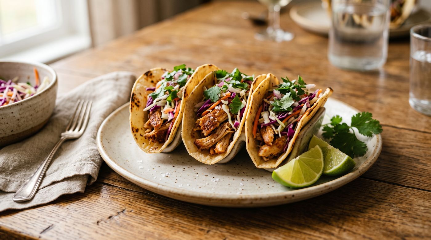 Crispy shredded chicken tacos with cabbage slaw and lime, night two of the playbook
