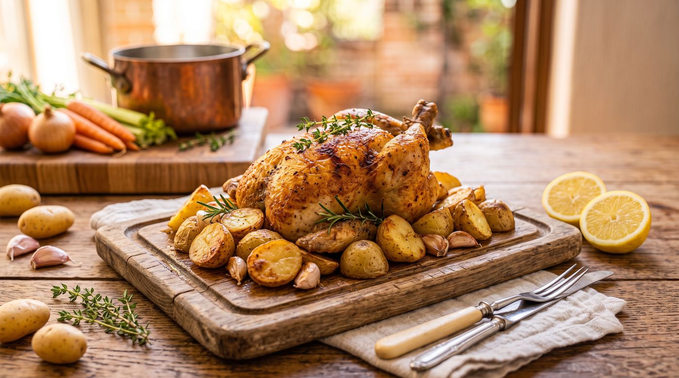 Golden whole roast chicken on a carving board surrounded by potatoes, with a pot of stock behind