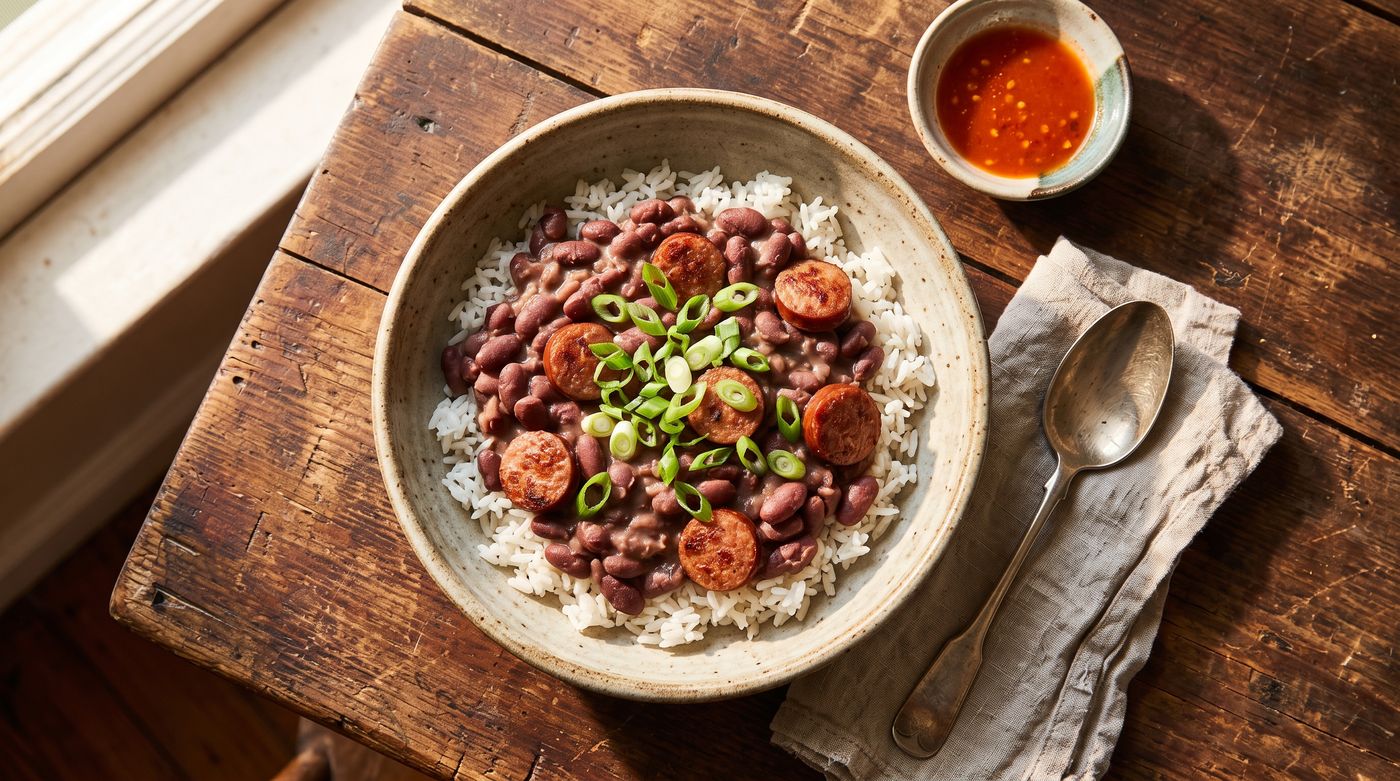 Bowl of creamy red beans with browned smoked sausage coins over white rice, topped with sliced green onions