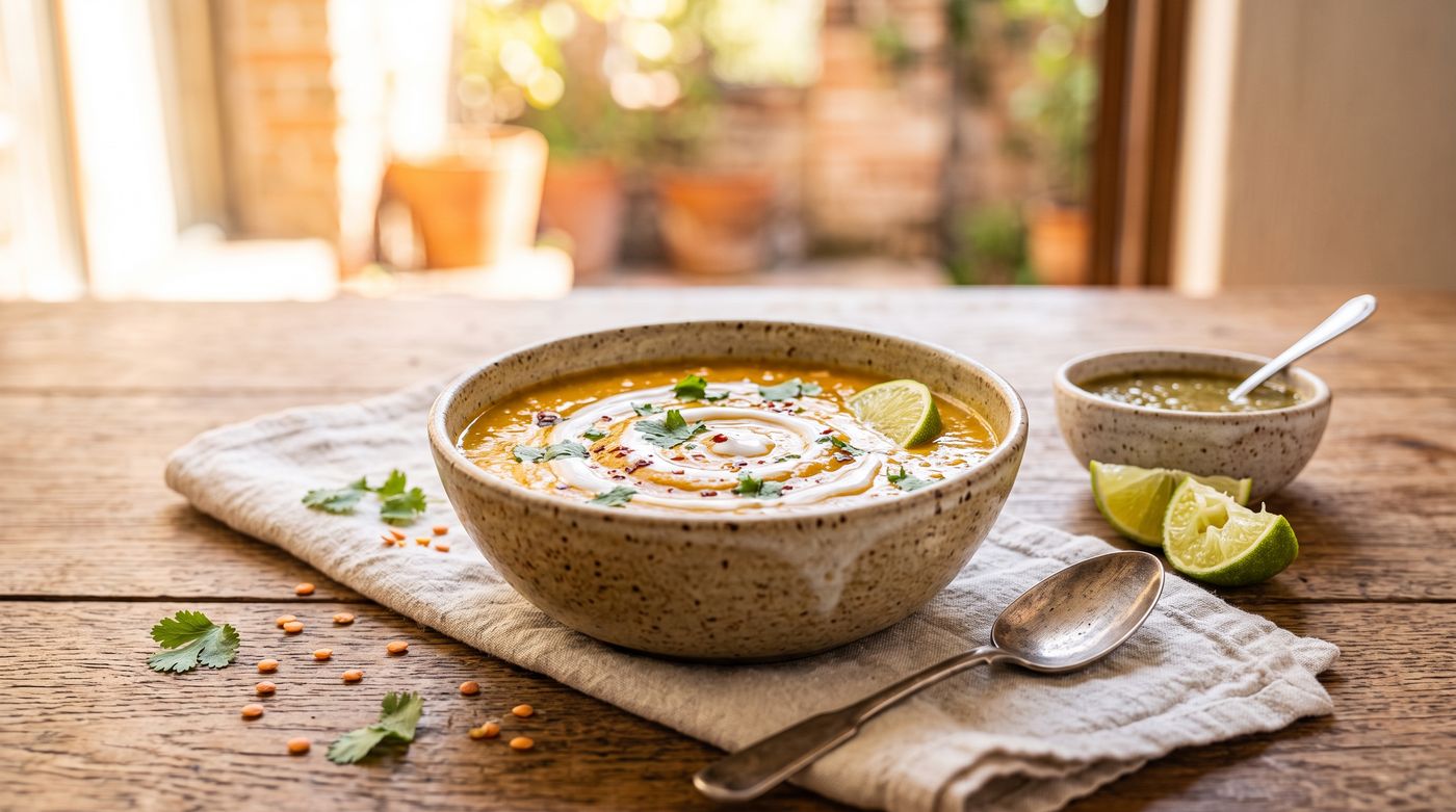 Golden red lentil coconut soup in a ceramic bowl with a coconut milk swirl, cilantro and lime