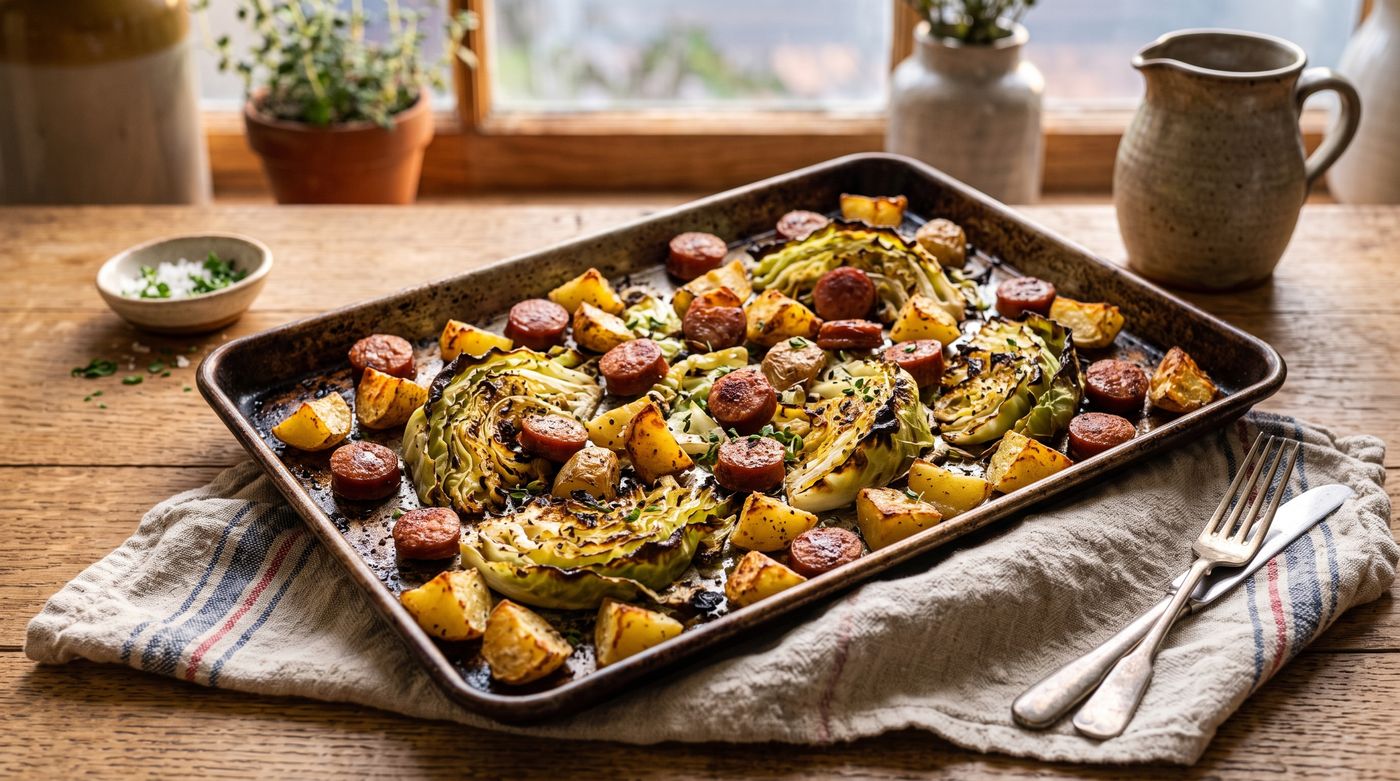 Sheet pan of browned smoked sausage slices, charred cabbage wedges and roasted potatoes