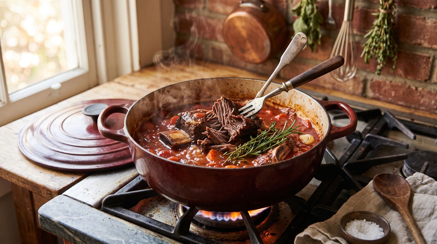 Short ribs braising in a dutch oven, fork-tender in tomato sauce