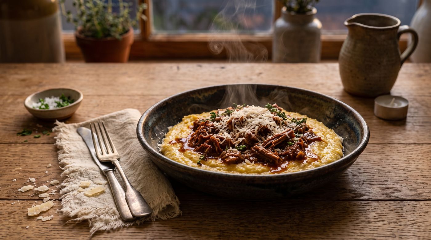 Rich shredded short rib ragu in tomato sauce spooned over creamy polenta in a rustic bowl