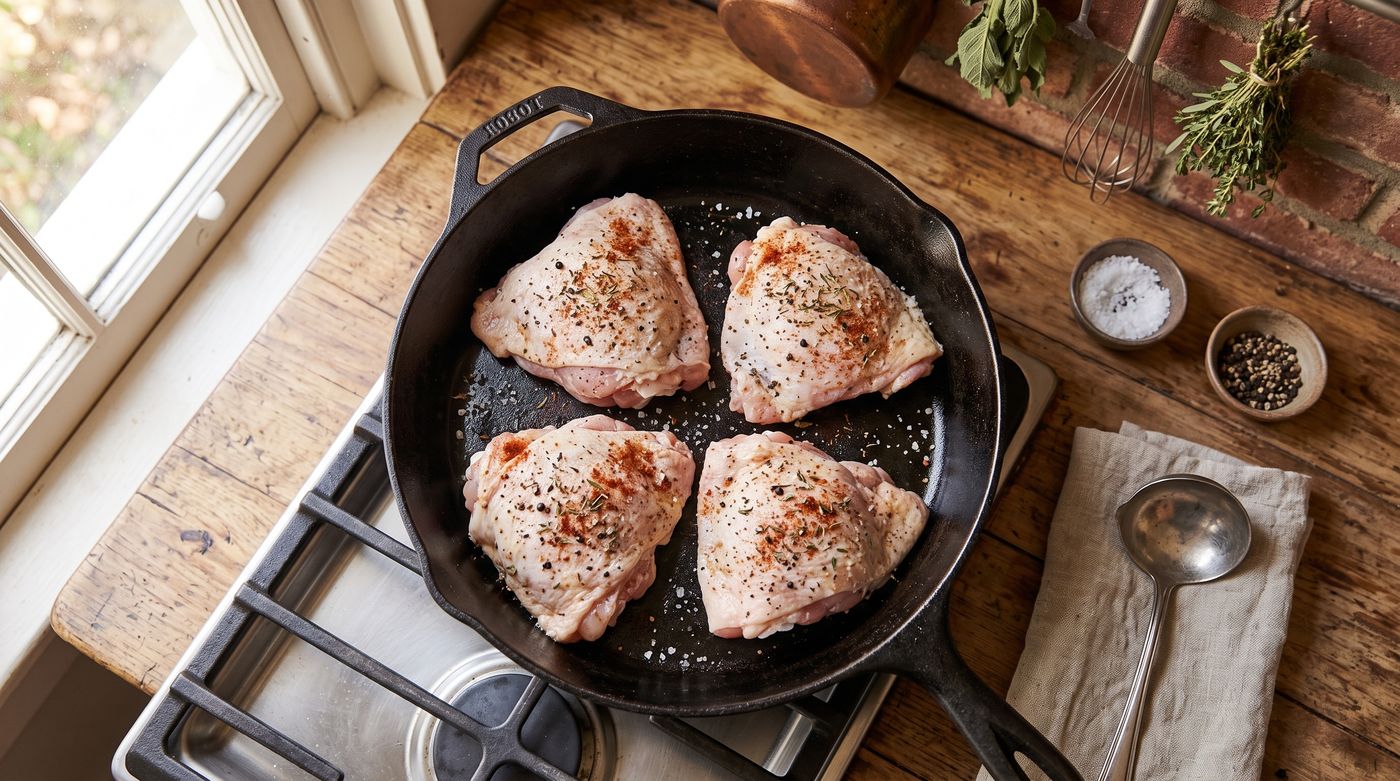 Seasoned chicken thighs skin-side down in a cold cast iron skillet, the cold-pan sear