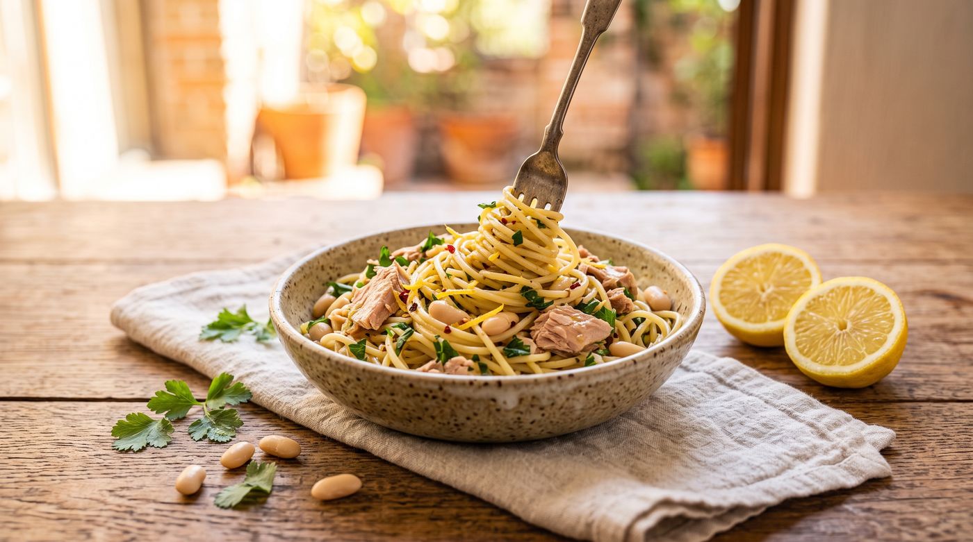 Bowl of spaghetti tossed with tuna, white beans, lemon zest, chili flakes and parsley