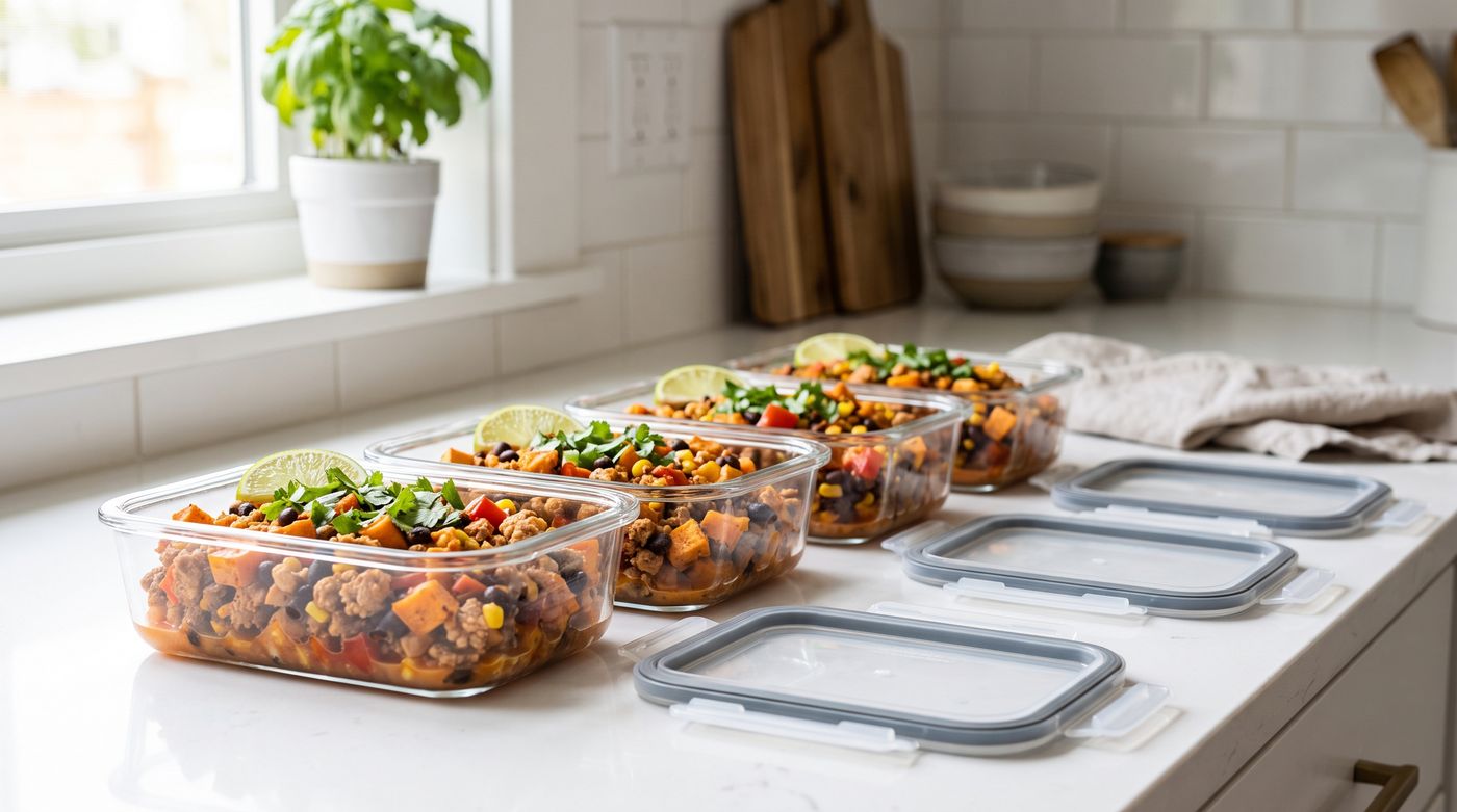Four glass meal-prep containers of the turkey and sweet potato skillet