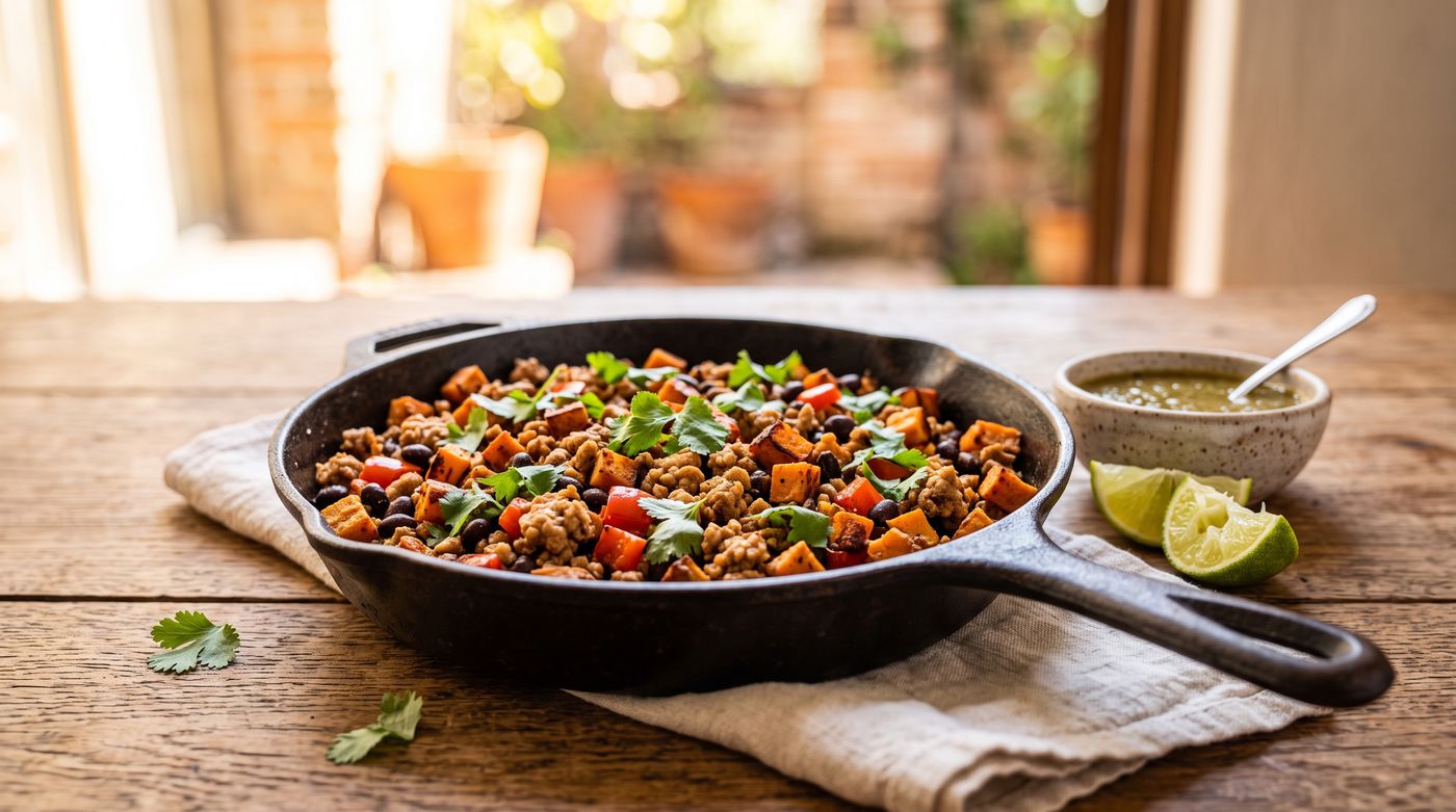 Skillet of browned ground turkey, caramelized sweet potato cubes, black beans and peppers