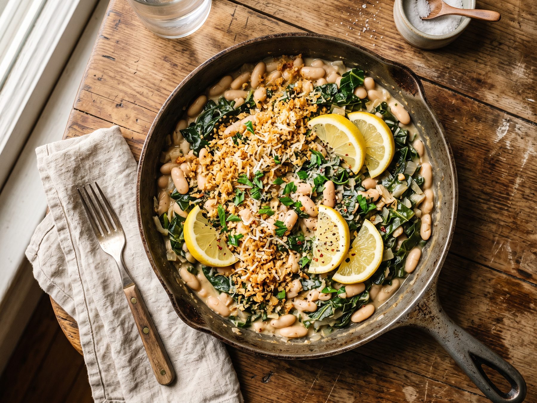 White bean and greens skillet with golden garlic breadcrumbs in cast iron