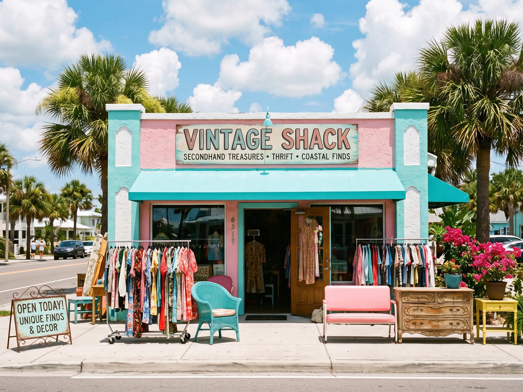 A pastel Florida thrift store front with palm trees