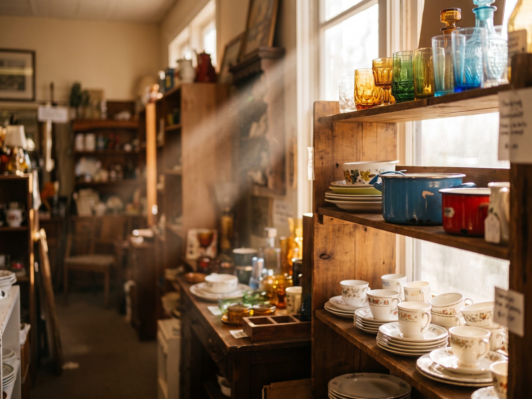 A colorful thrift store aisle in warm light