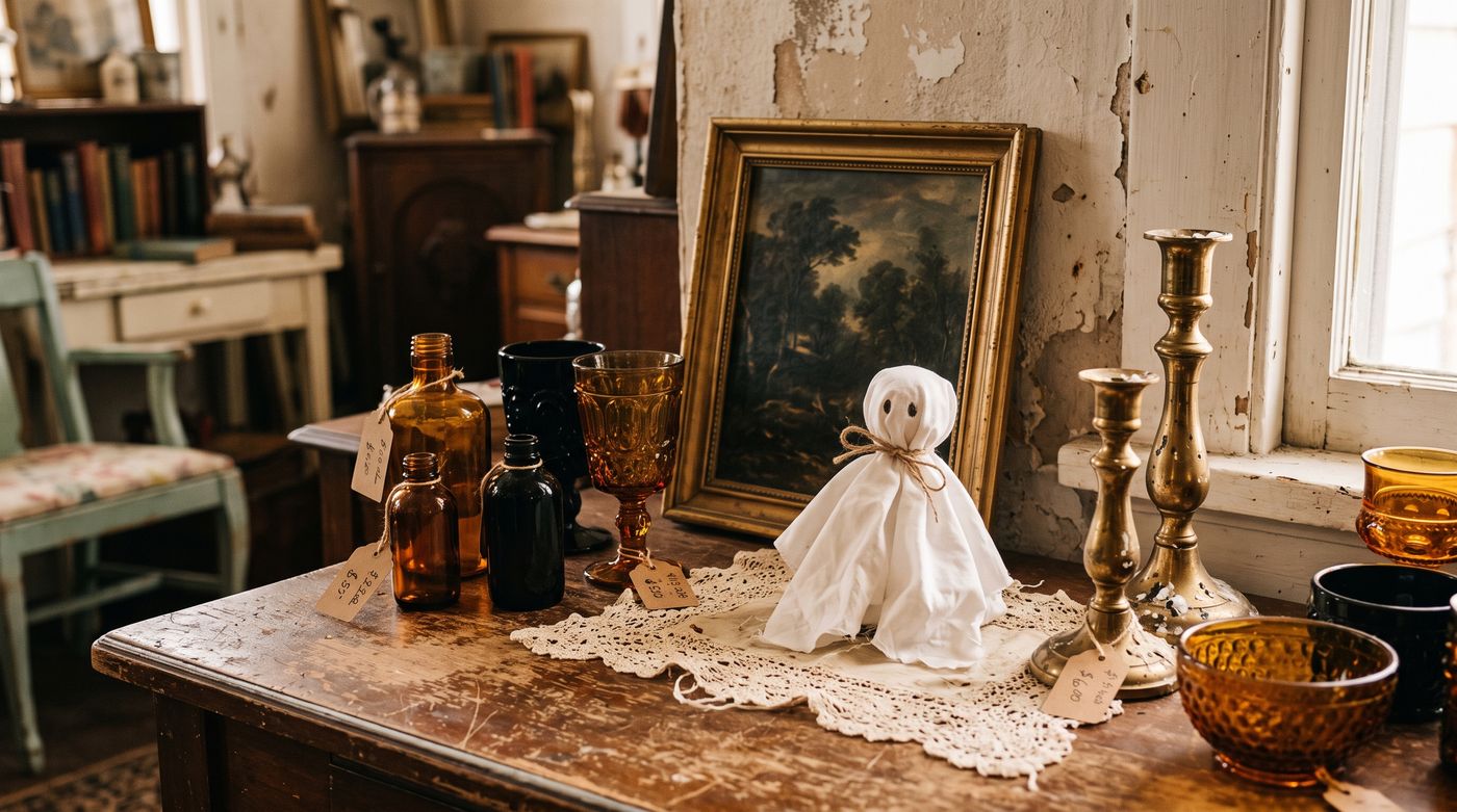 A thrift-store Halloween still life with brass candlesticks, amber glass and a small white sheet ghost