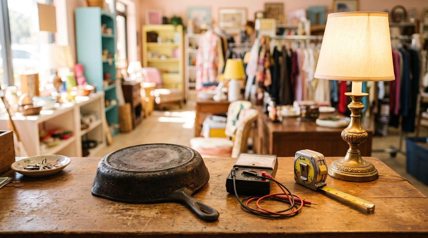 Cast iron skillet, multimeter and tape measure on a thrift store counter